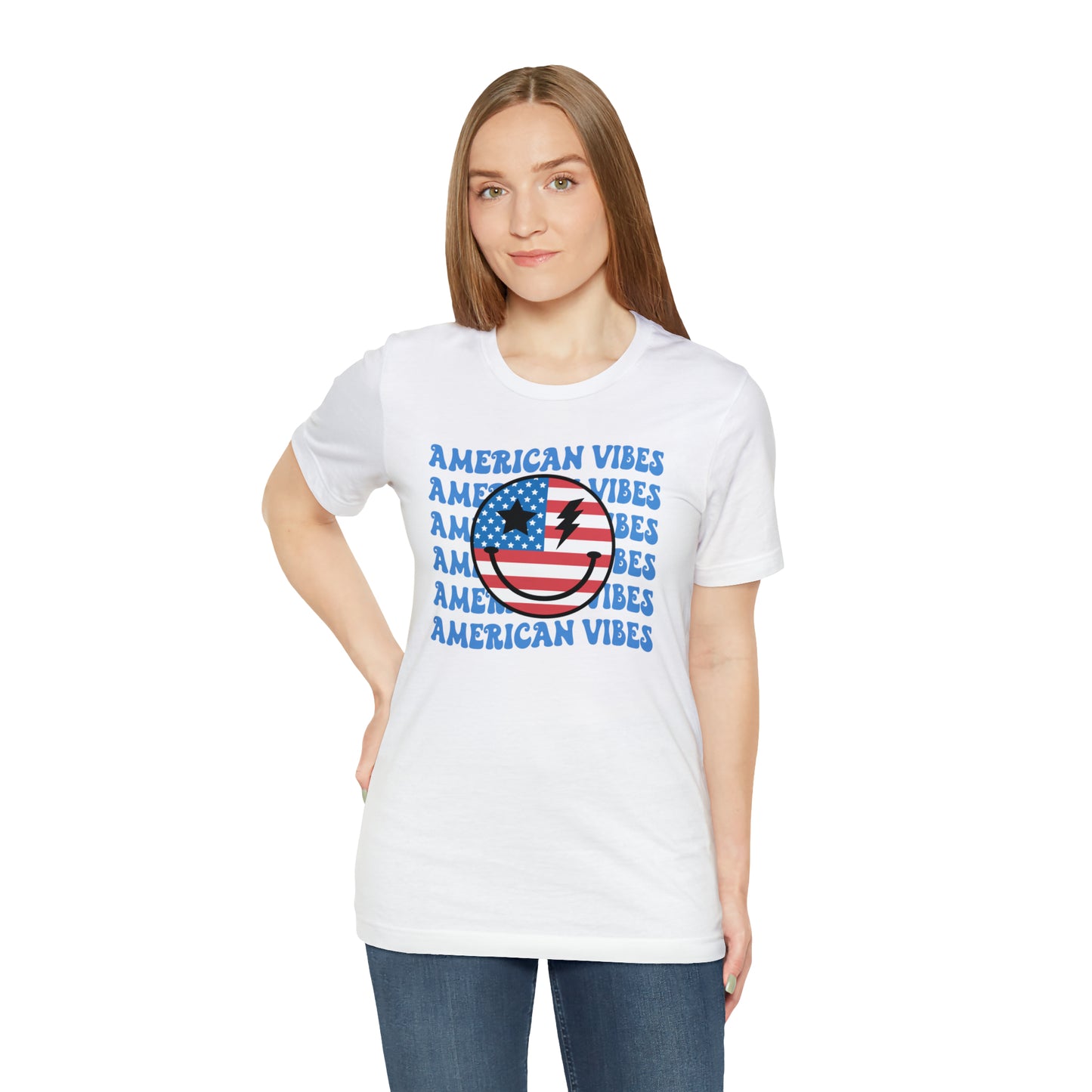 USA American Vibes American Flag Smiley Face Unisex Jersey Short Sleeve Tee