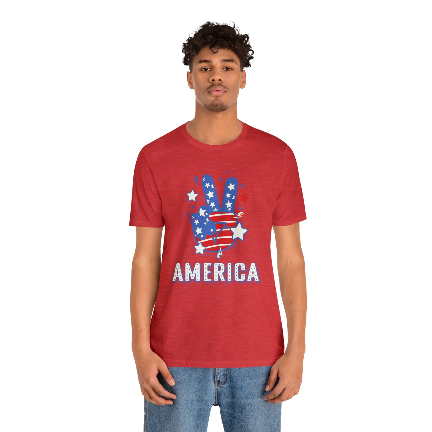 America USA Stars Peace Sign with Hands Unisex Jersey Short Sleeve Tee