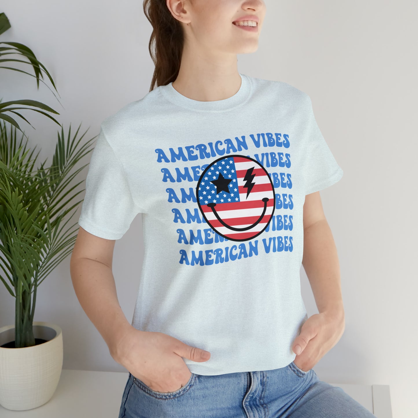 USA American Vibes American Flag Smiley Face Unisex Jersey Short Sleeve Tee