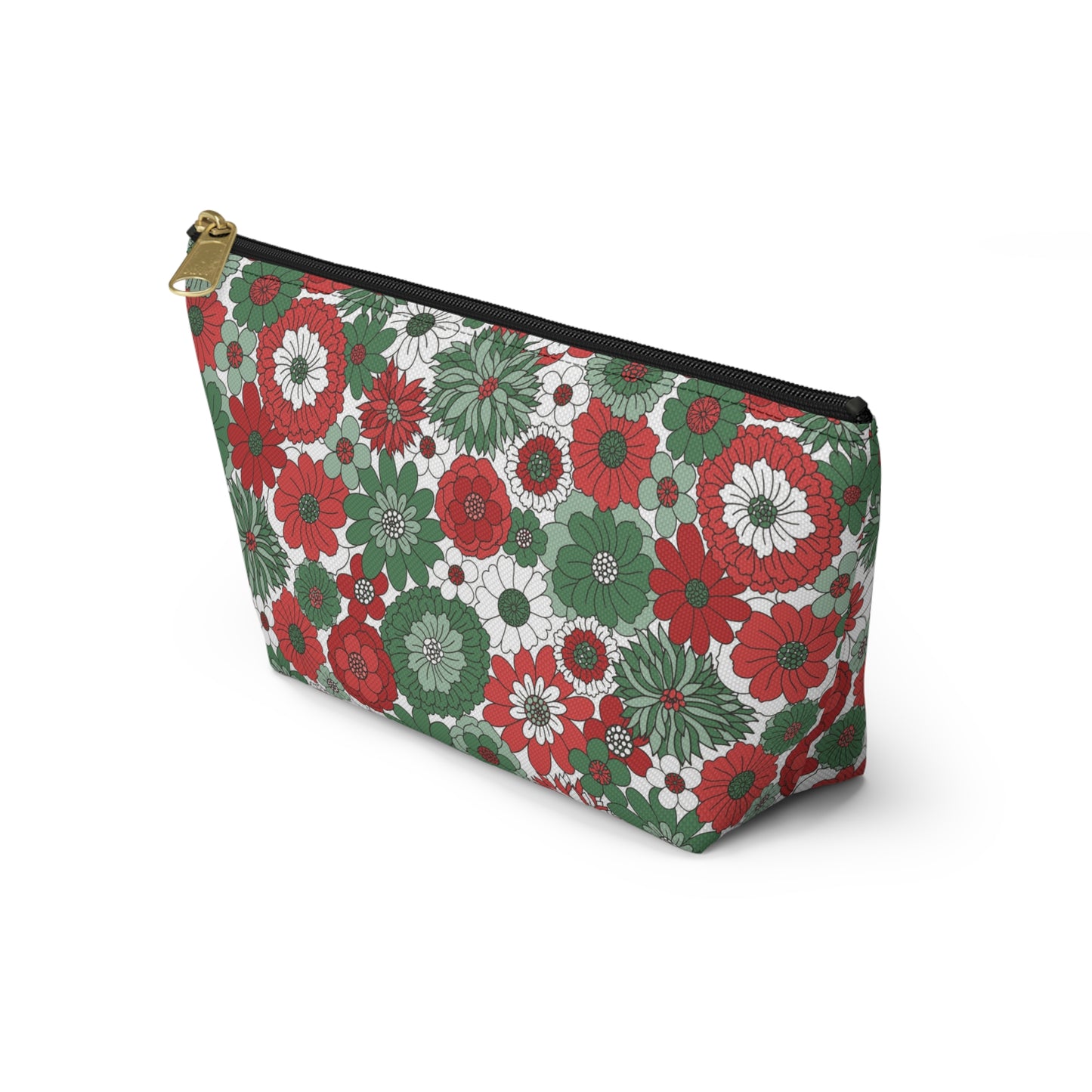 Retro Floral Christmas Red and Green Print Design  Accessory Pouch w T-bottom