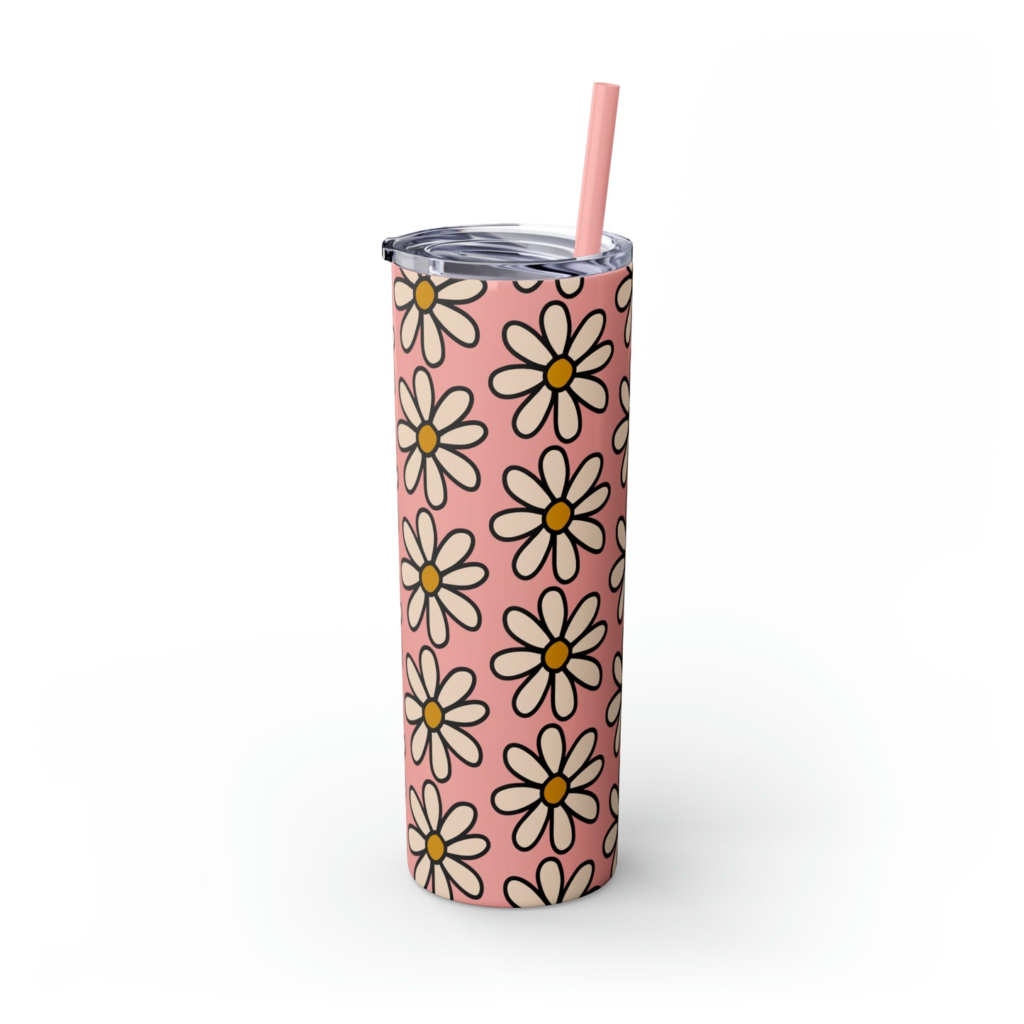 Peach Daisy Print Skinny Tumbler with Straw, 20oz