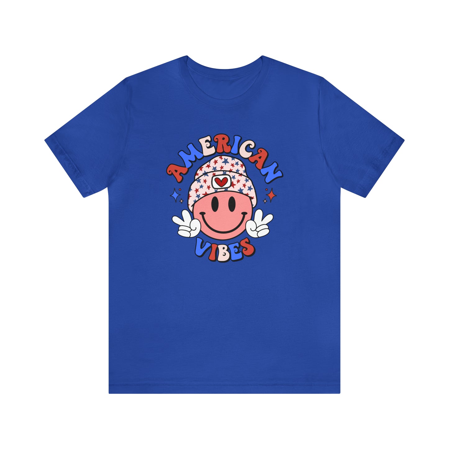 American Vibes USA Smiley Face with Stars Beanie with two hand peace signs Unisex Jersey Short Sleeve Tee