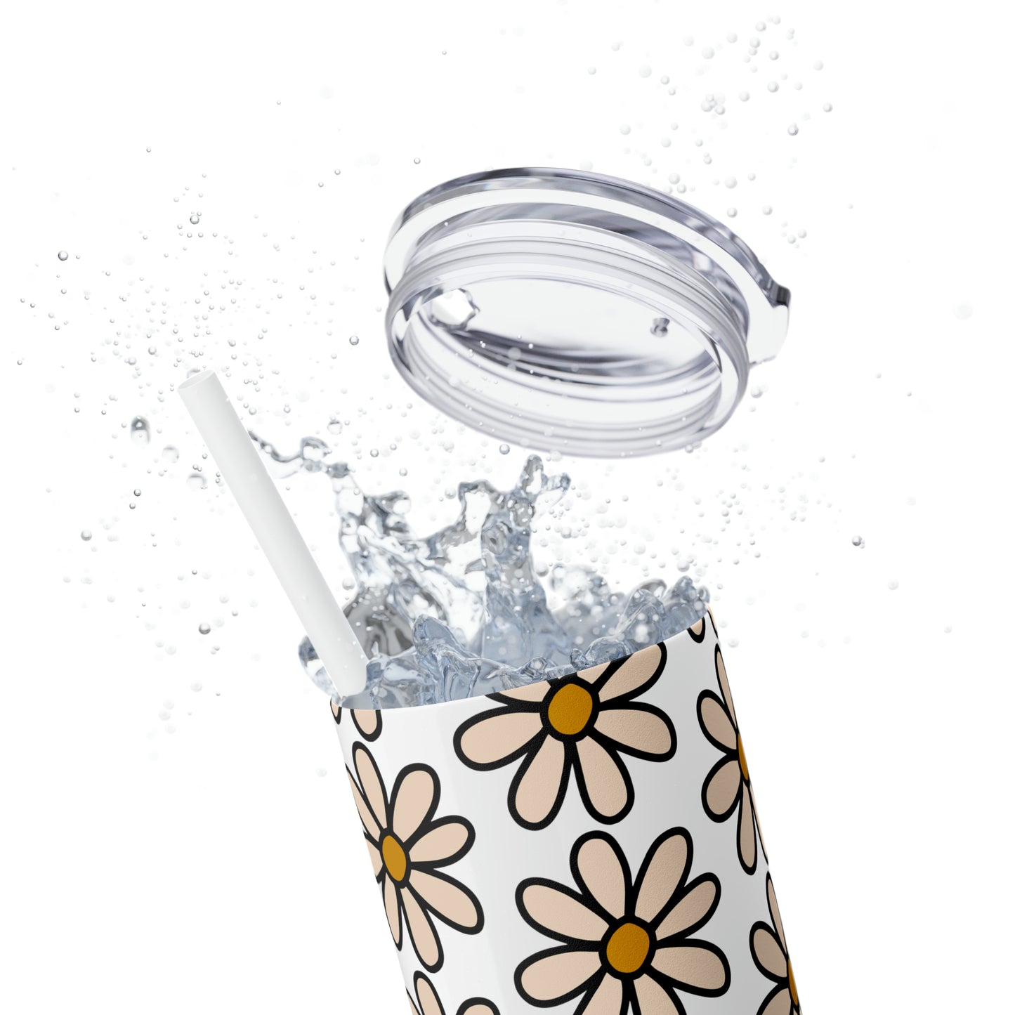 Peach Daisy Print Skinny Tumbler with Straw, 20oz