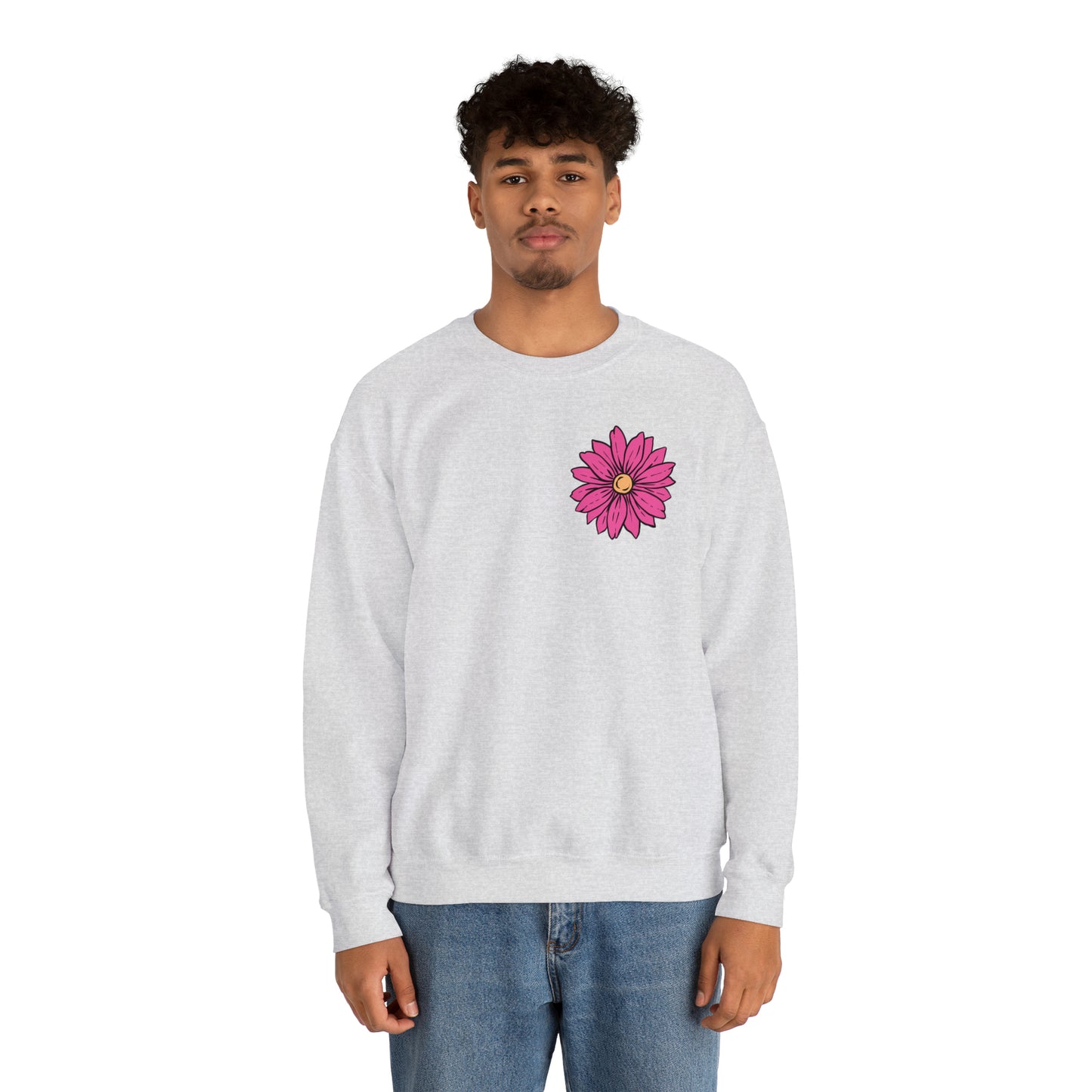 FRONT AND BACK DESIGN Positive Energy (Flower on Front and Message on Back) Font Heavy Blend™ Crewneck Sweatshirt