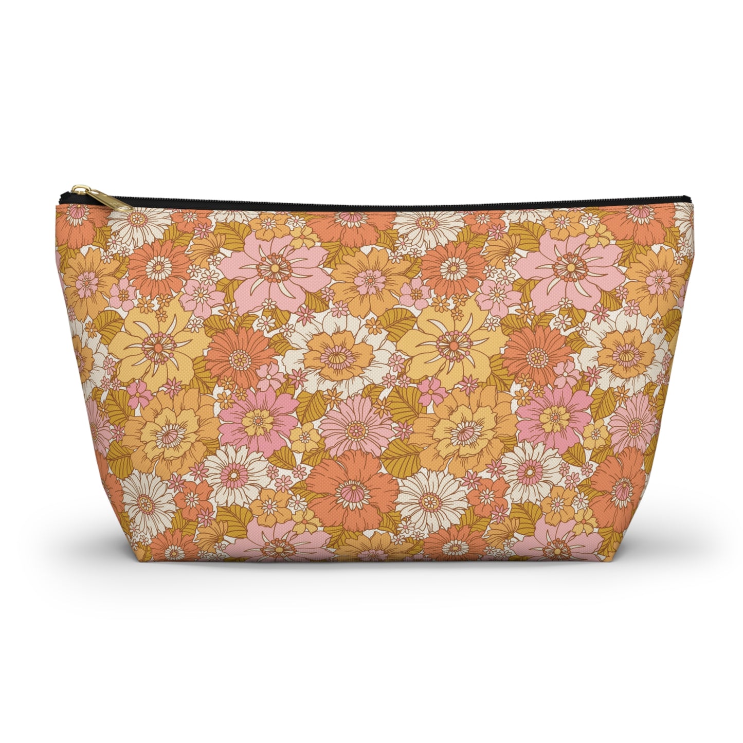 Peachy Golden Retro Floral Print Design Accessory Pouch w T-bottom