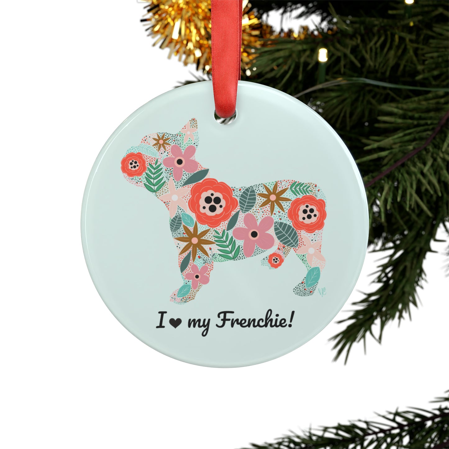 I love Floral Frenchie French Bulldog Ornament with Ribbon - light blue