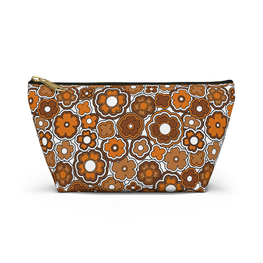 Flower Power Retro Brown Print  Accessory Pouch w T-bottom