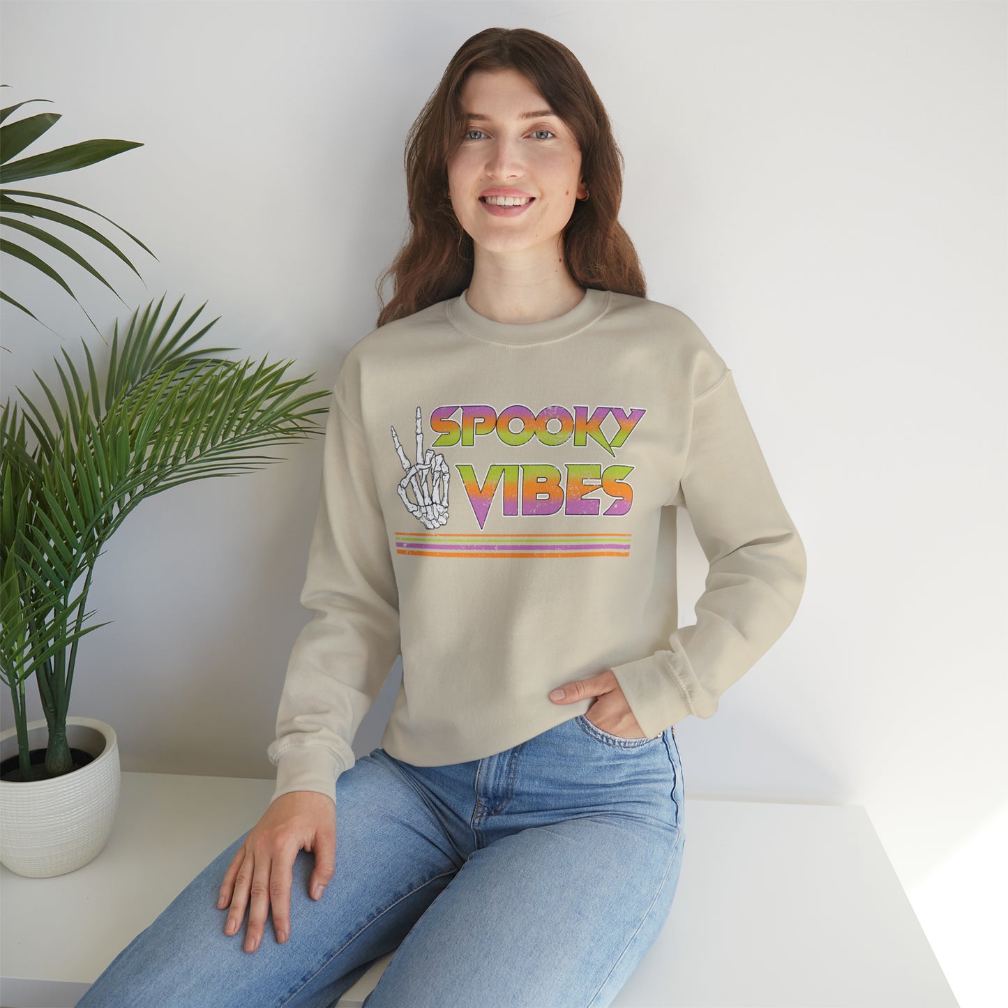 Spooky 80's Vibes Vintage Skeleton Piece Sign Fall Halloween  Unisex Heavy Blend™ Crewneck Sweatshirt