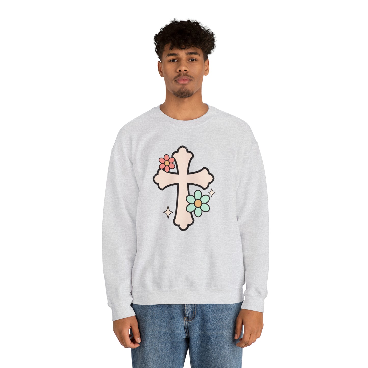 Vintage Floral Cross Design Heavy Blend™ Crewneck Sweatshirt