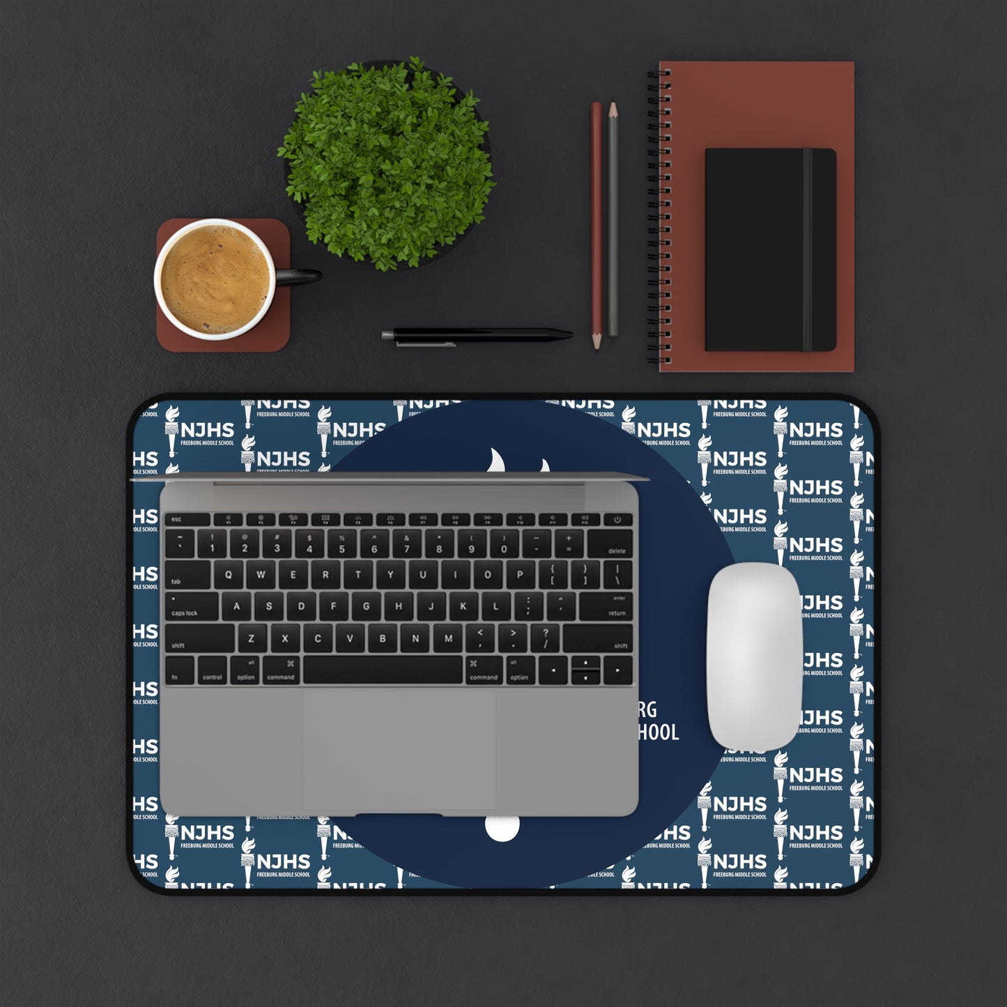 NJHS Slate Blue Pattern and Navy Mouse Circle Pattern Desk Mat