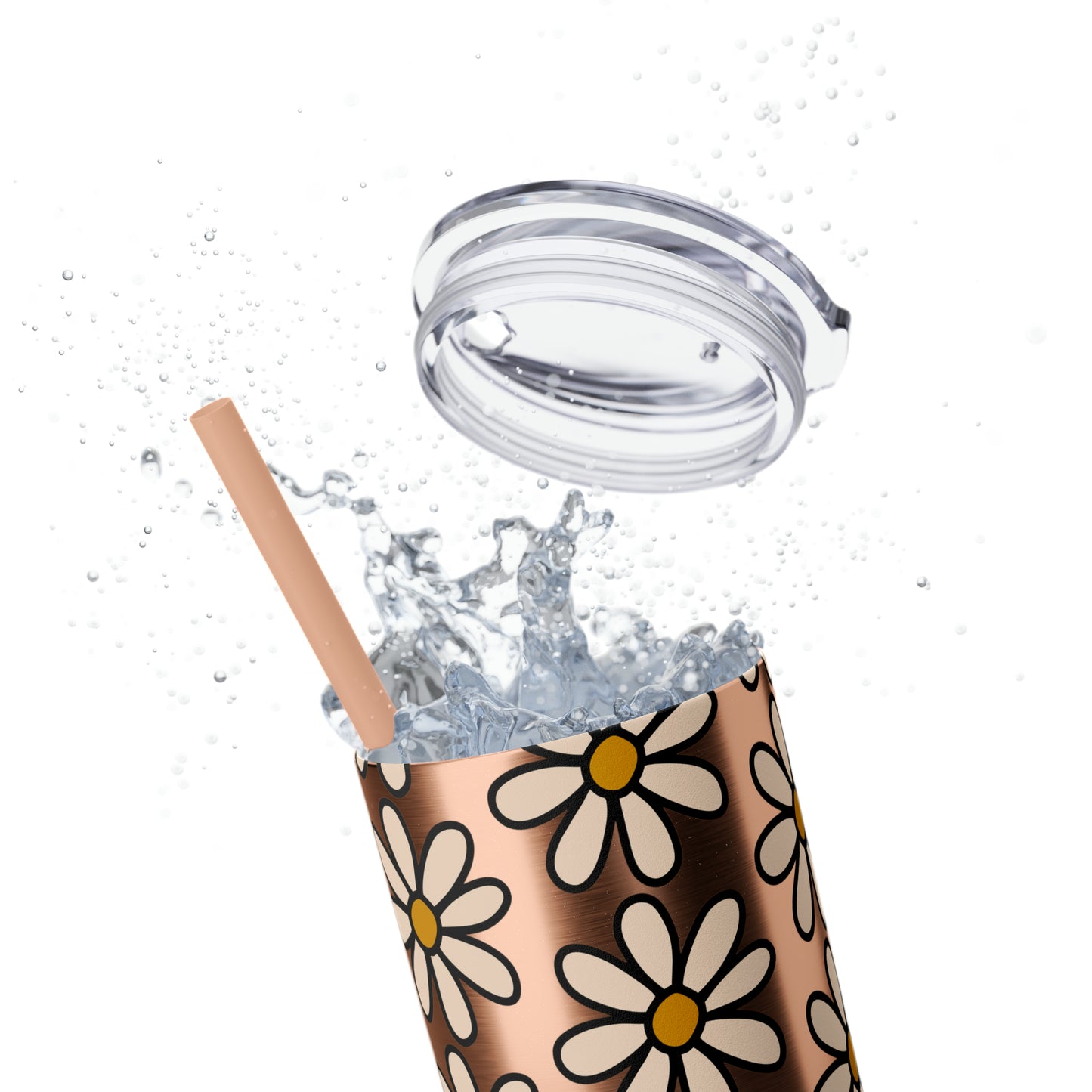 Peach Daisy Print Skinny Tumbler with Straw, 20oz