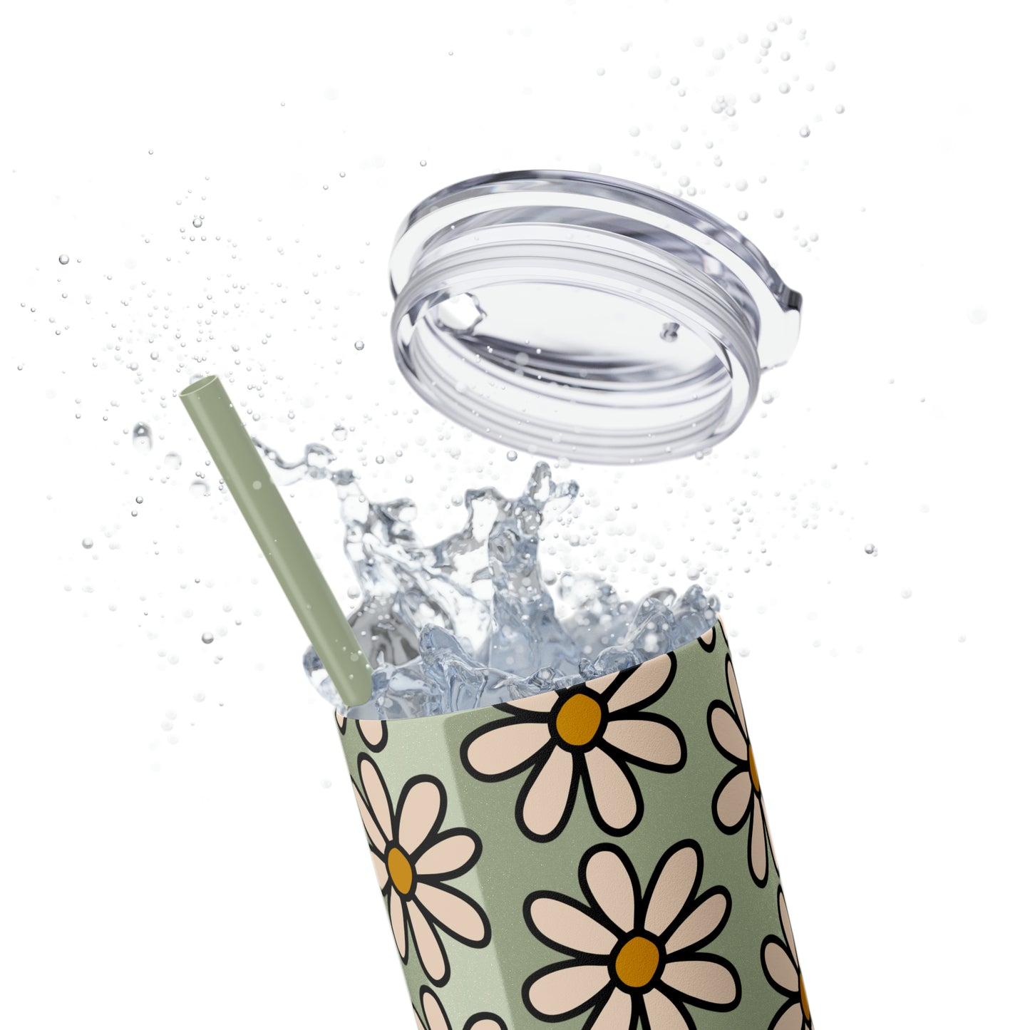 Peach Daisy Print Skinny Tumbler with Straw, 20oz