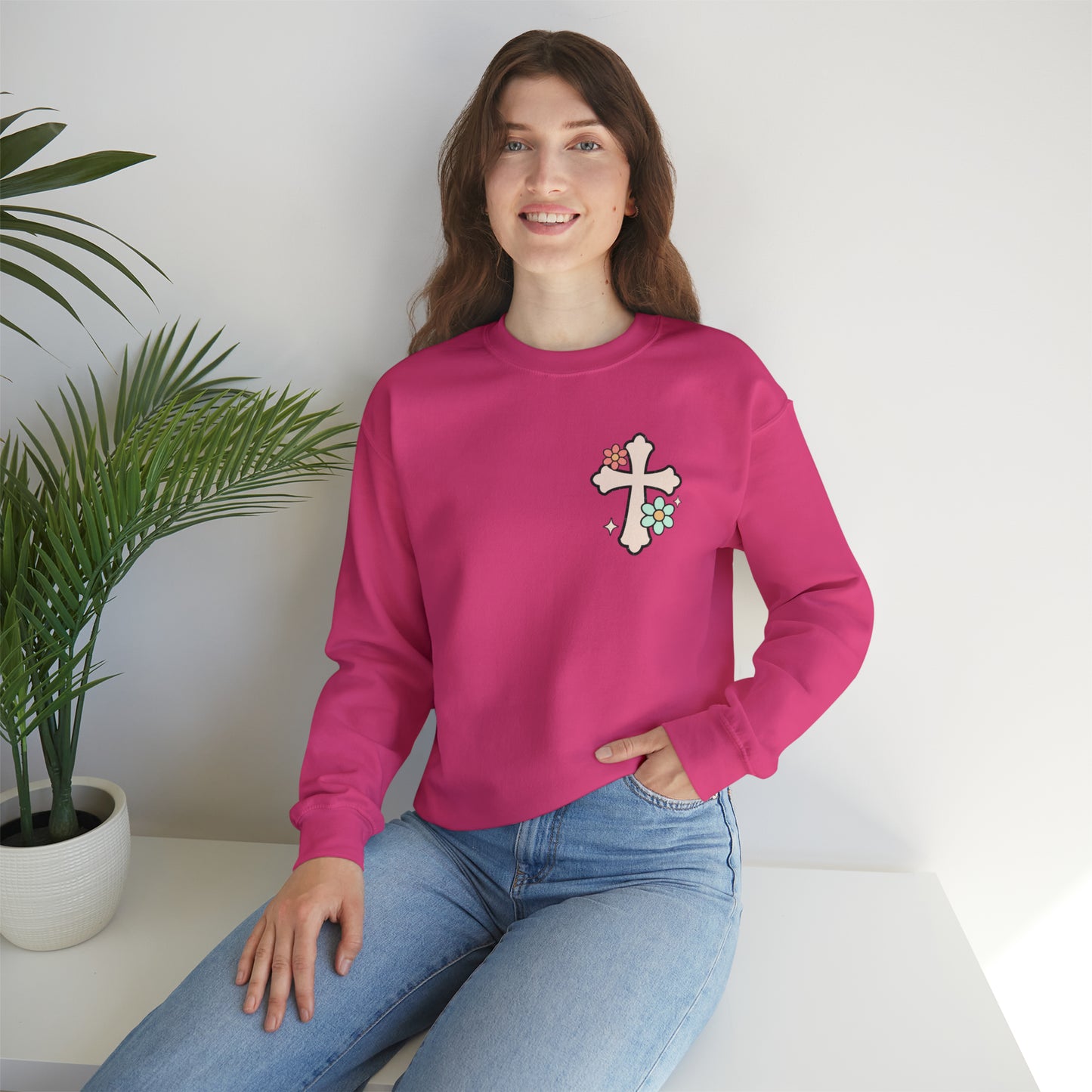 Vintage Grow in Grace with Cross Boho Color Print -  Front and Back Design Heavy Blend™ Crewneck Sweatshirt