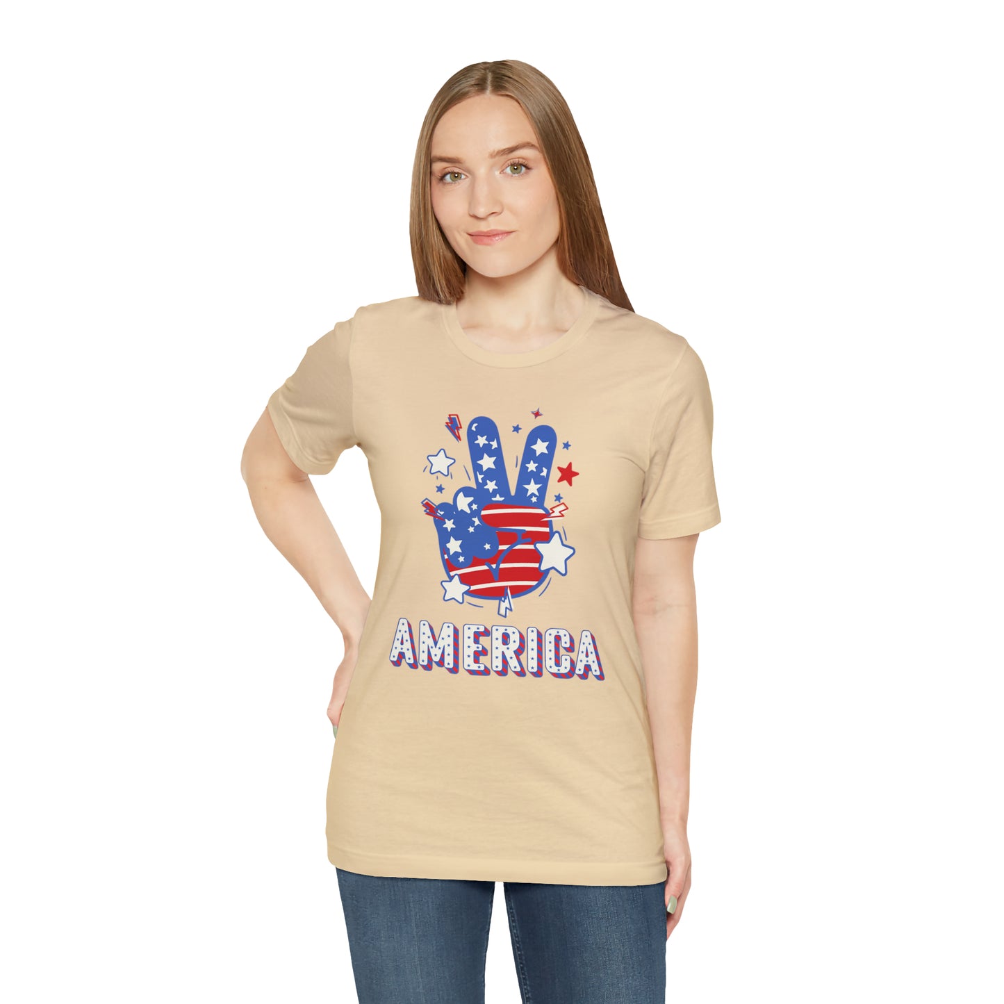 America USA Stars Peace Sign with Hands Unisex Jersey Short Sleeve Tee