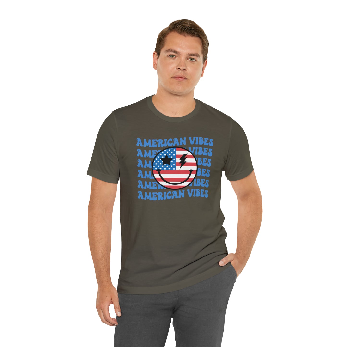 USA American Vibes American Flag Smiley Face Unisex Jersey Short Sleeve Tee