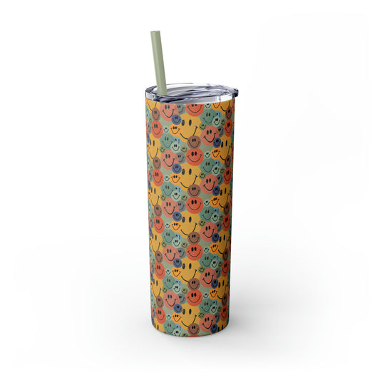 Old School Smiley Face Stickers Patterned Skinny Tumbler with Straw, 20oz