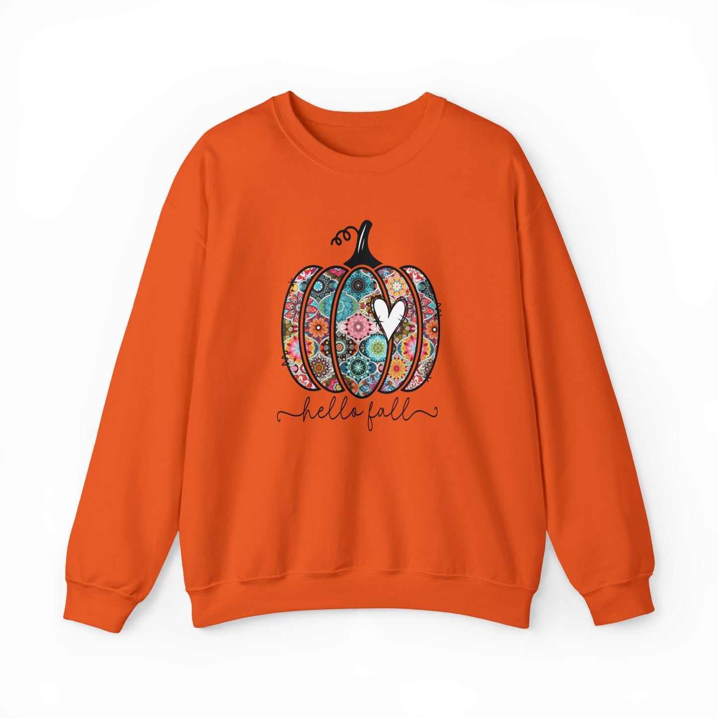 Hello Fall Print Pumpkin Fall Halloween Retro Warm Colored  Unisex Heavy Blend™ Crewneck Sweatshirt