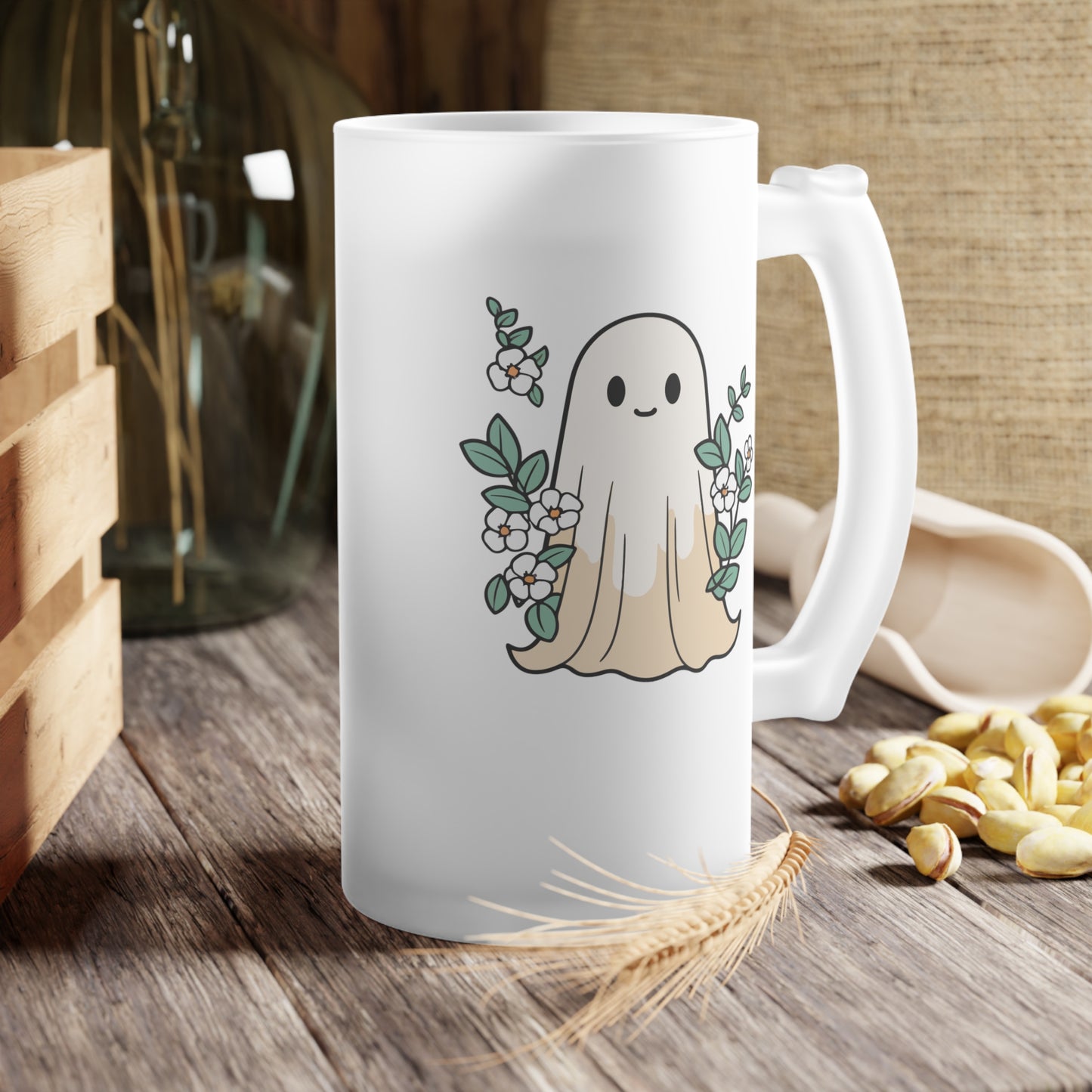 Boho Floral Ghost Fall Logo Frosted Glass Beer Mug