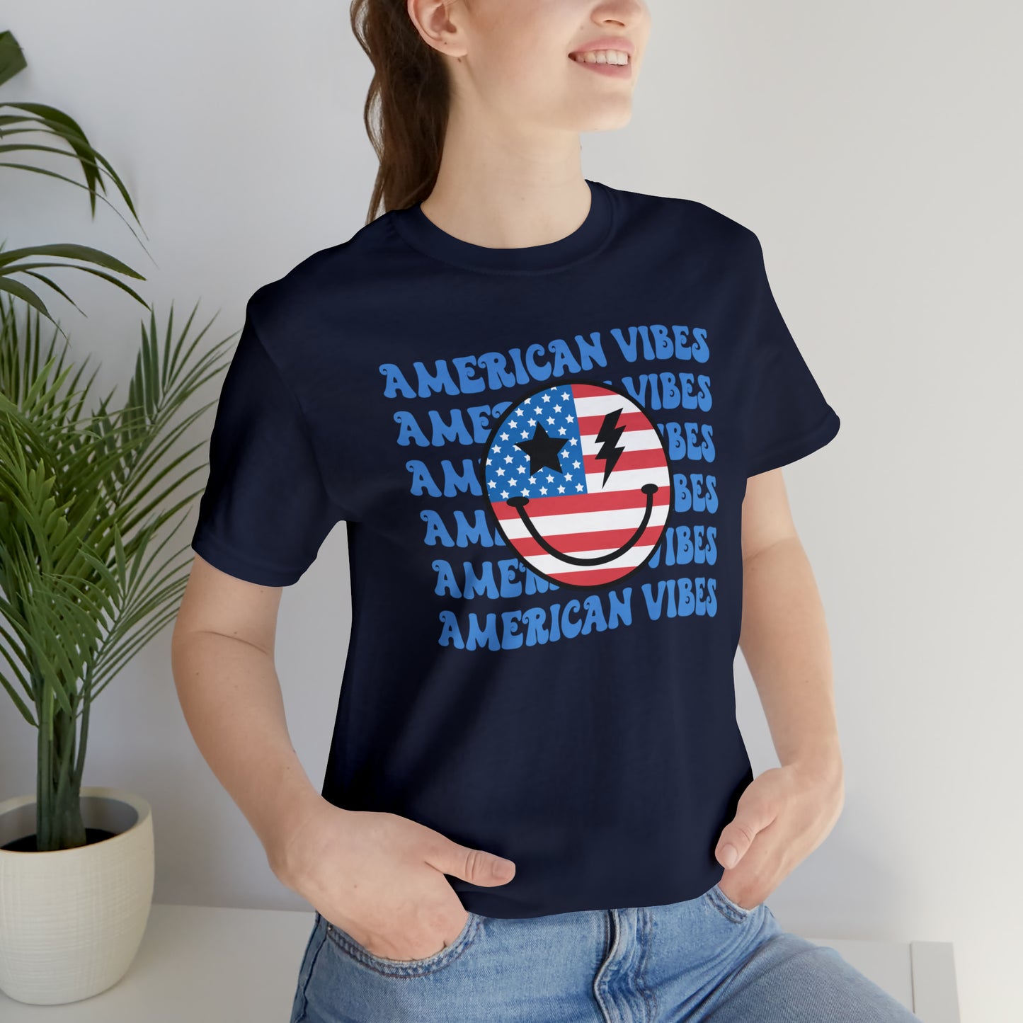 USA American Vibes American Flag Smiley Face Unisex Jersey Short Sleeve Tee