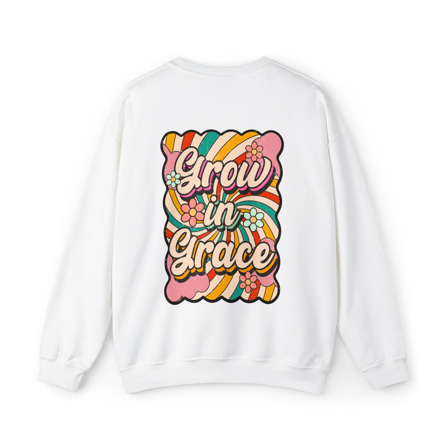 Vintage Grow in Grace with Cross Boho Color Print -  Front and Back Design Heavy Blend™ Crewneck Sweatshirt