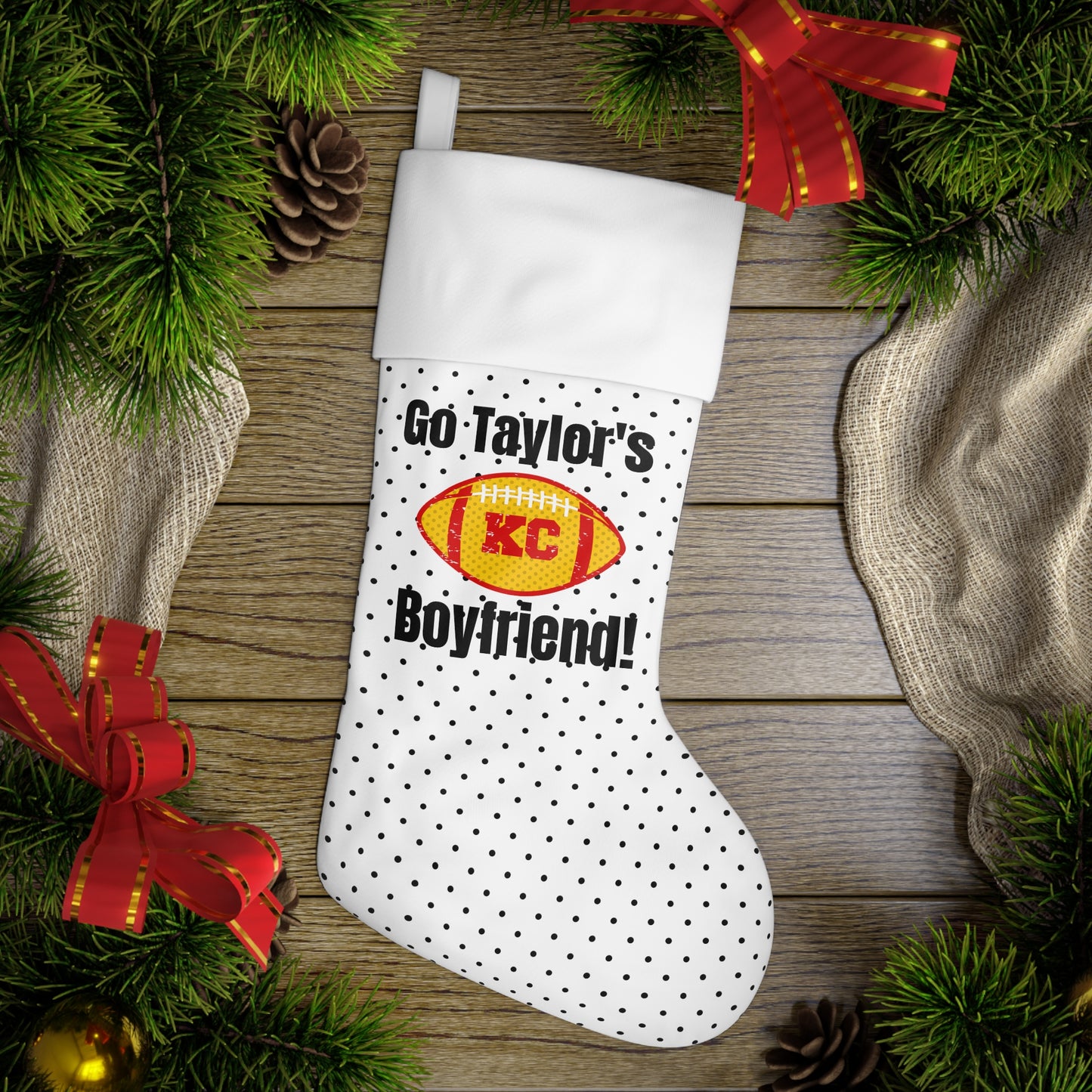 Go Taylor's Boyfriend Football Holiday Stocking - White/Black Polka Dot