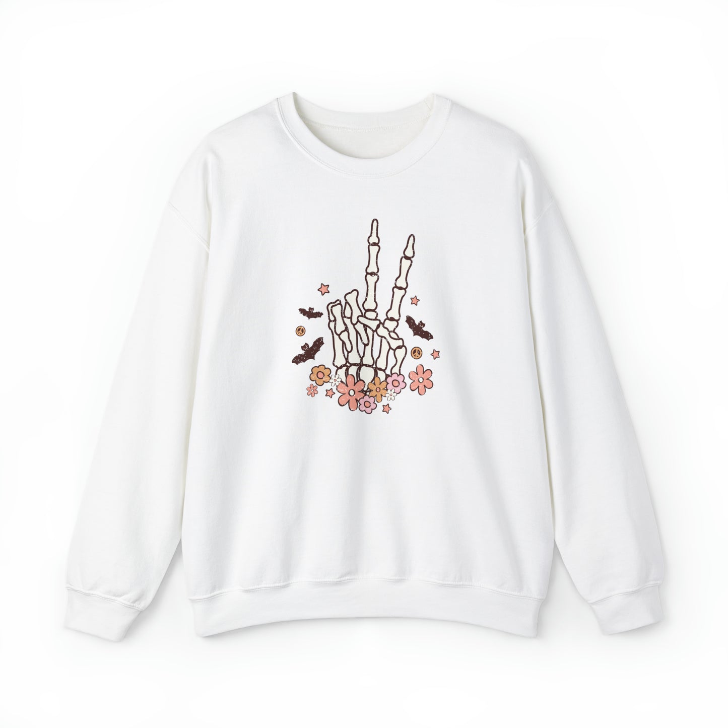 Boho Skeleton Floral Piece Sign Hand Fall Halloween Retro Warm Colored  Unisex Heavy Blend™ Crewneck Sweatshirt