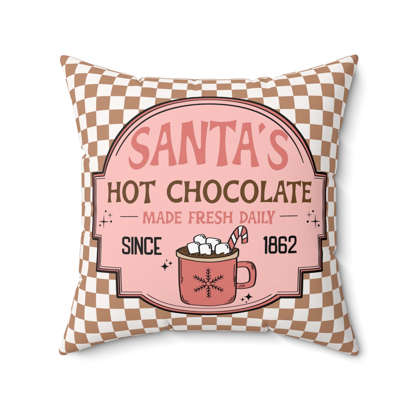 Santa's Hot Chocolate Brown Checkerboard Christmas/ Holiday Polyester Square Pillow