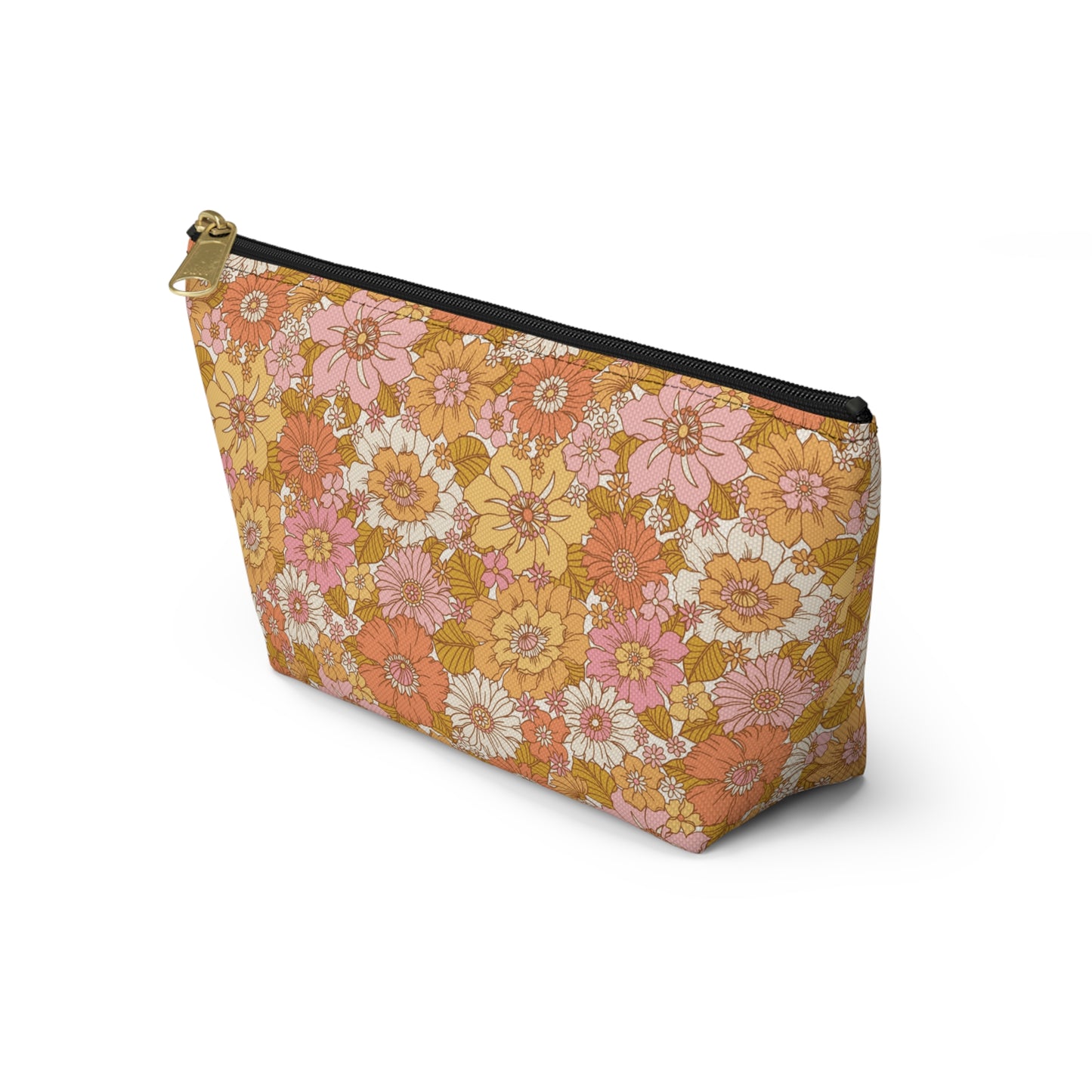 Peachy Golden Retro Floral Print Design Accessory Pouch w T-bottom