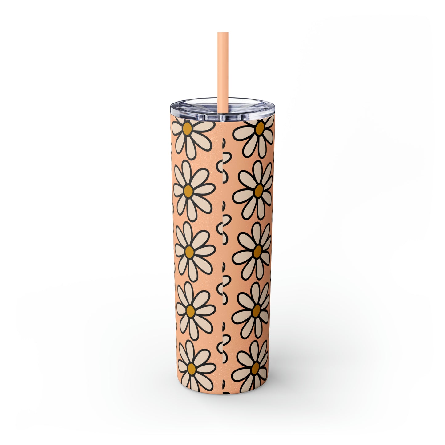 Peach Daisy Print Skinny Tumbler with Straw, 20oz