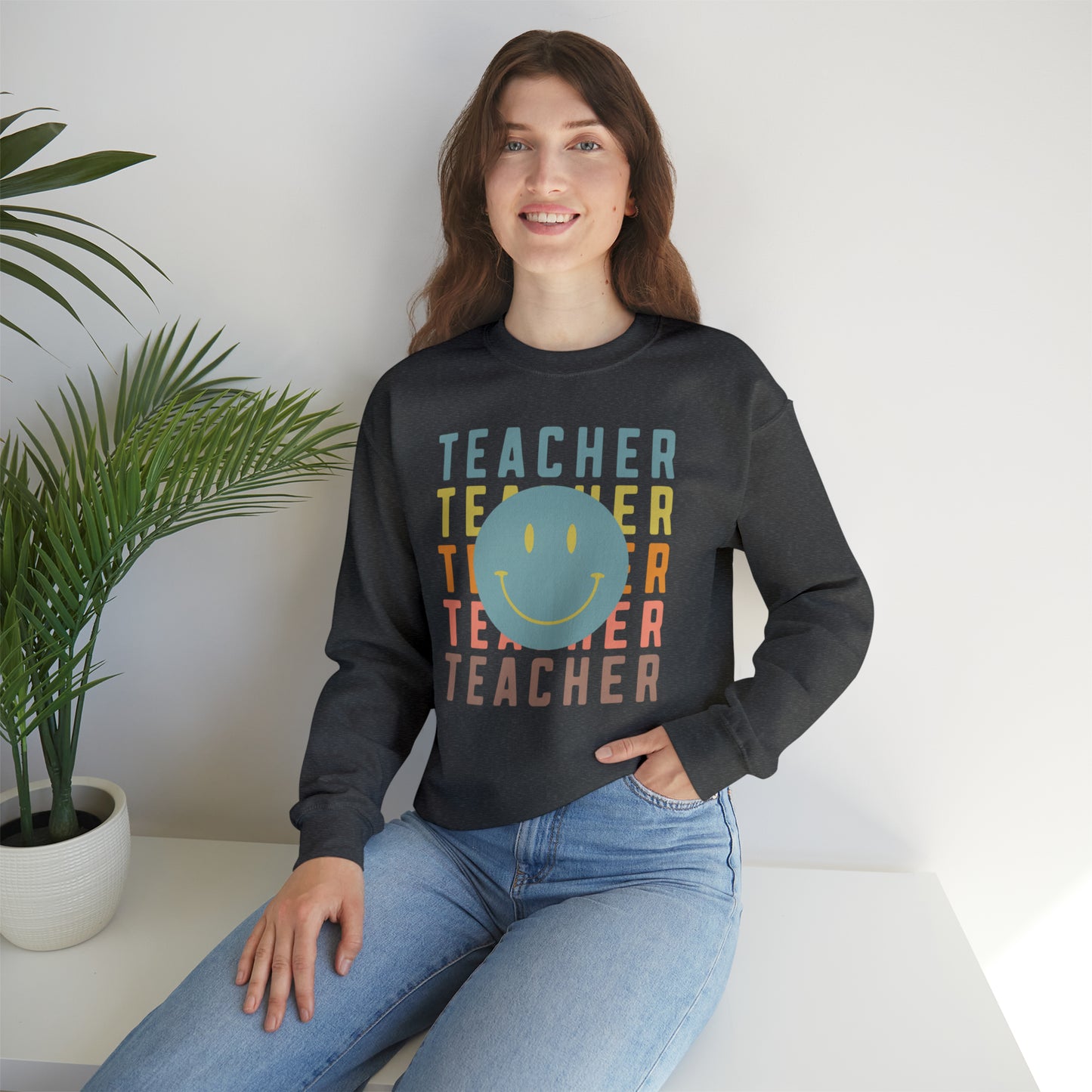 Multi Colored Teacher with Smiley Face Unisex Heavy Blend™ Crewneck Sweatshirt