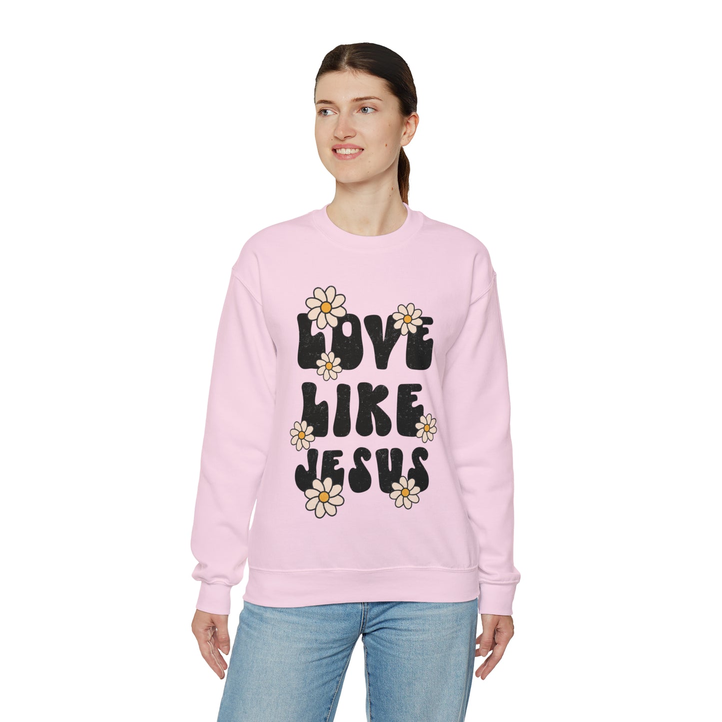 Distressed Daisy Love Like Jesus - Heavy Blend™ Crewneck Sweatshirt