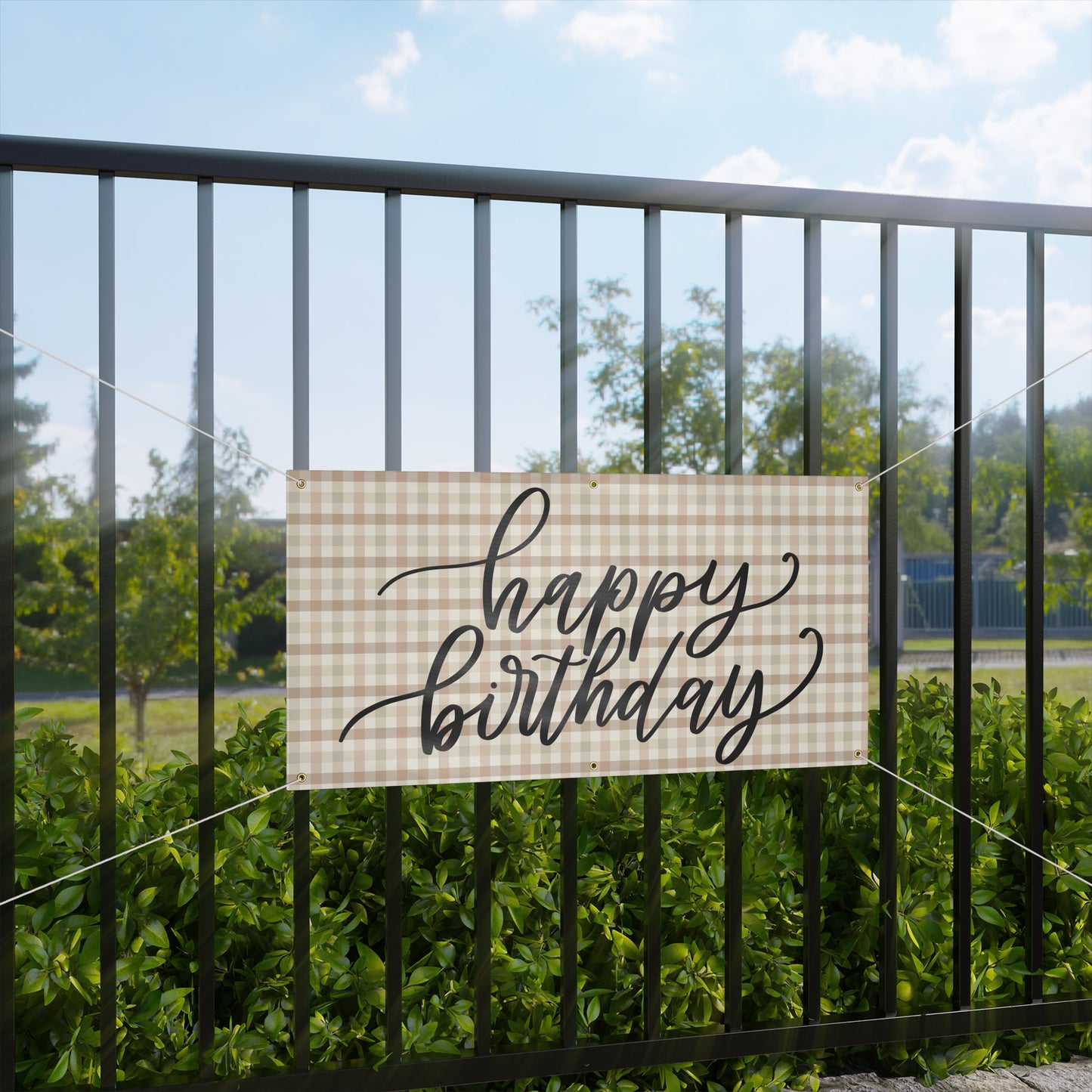 Boho Plaid Cream Cursive Happy Birthday Matte Banner - Pink