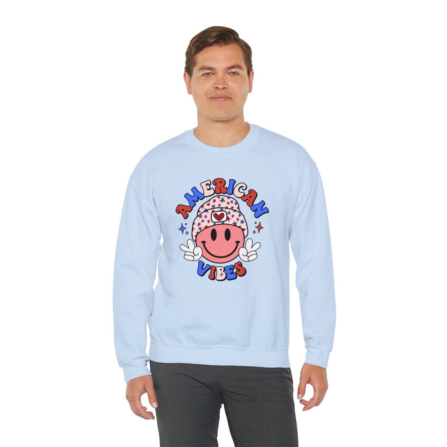 USA American Vibes Smiley Face with Heart Beanie and Peace Signs Heavy Blend™ Crewneck Sweatshirt