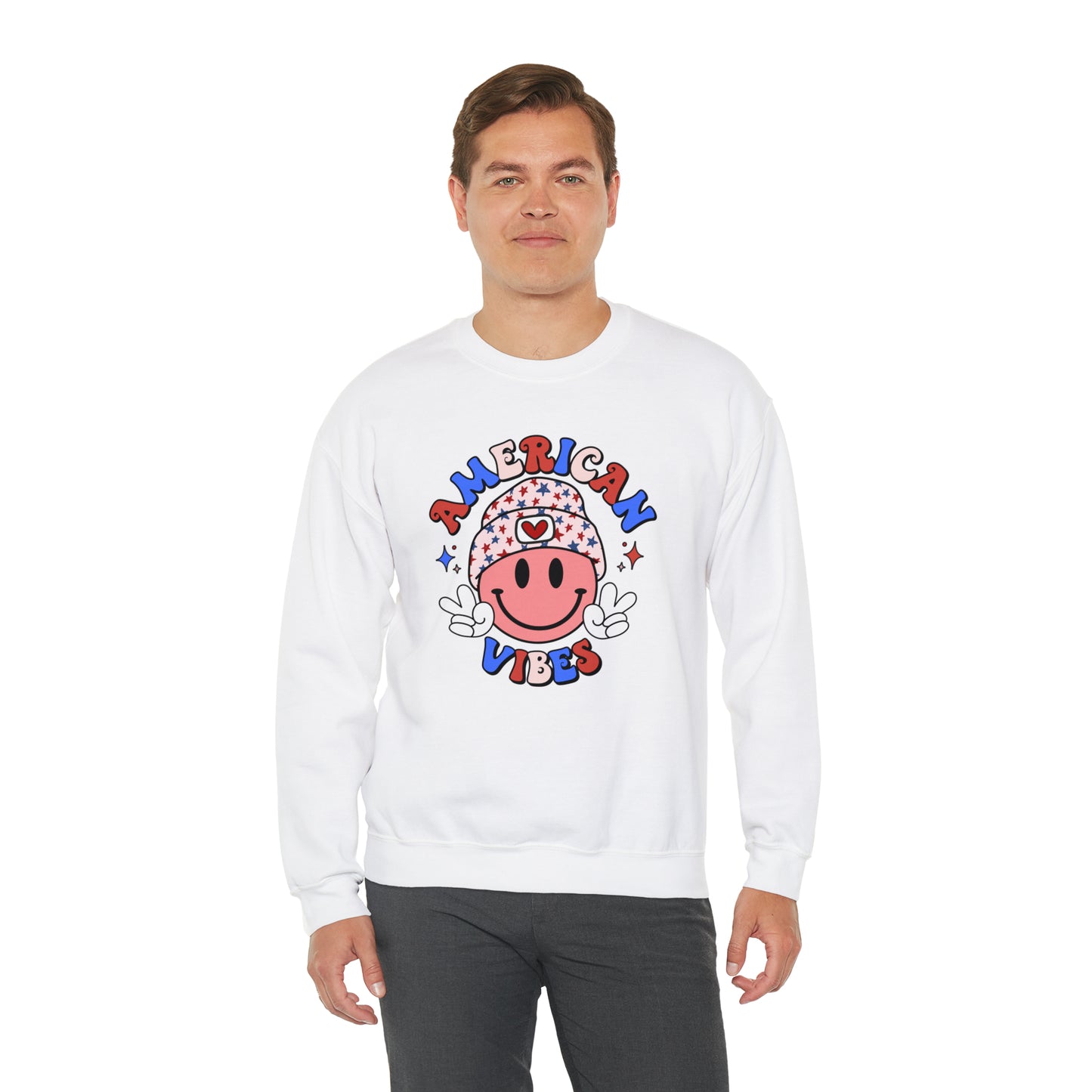 USA American Vibes Smiley Face with Heart Beanie and Peace Signs Heavy Blend™ Crewneck Sweatshirt