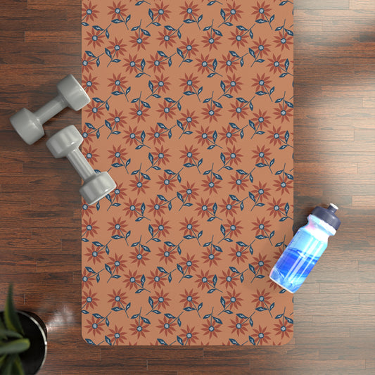 Rust and Blue Floral Boho Pattern Rubber Yoga Mat