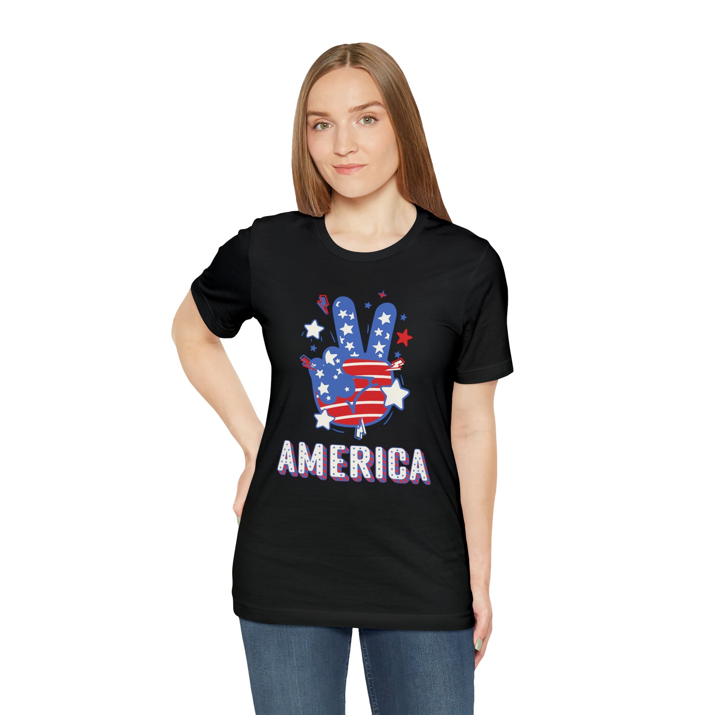 America USA Stars Peace Sign with Hands Unisex Jersey Short Sleeve Tee