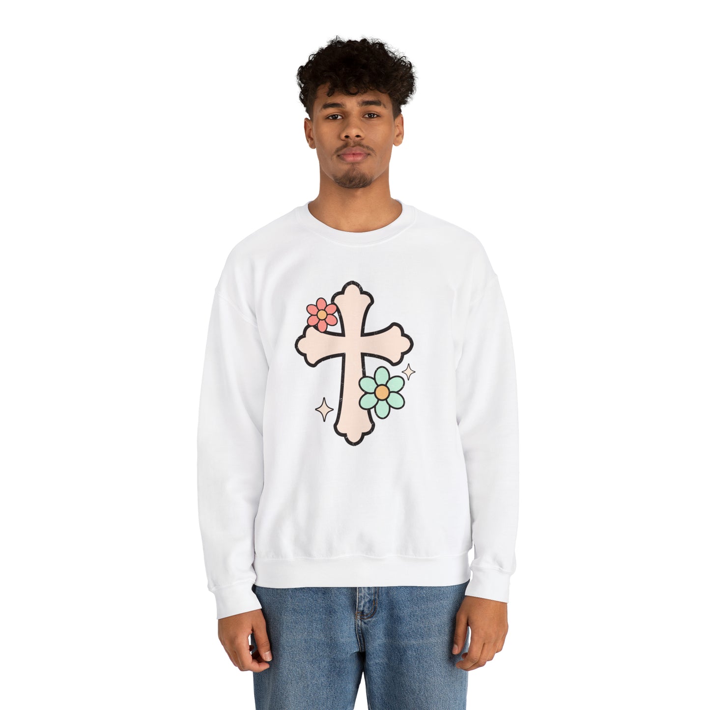 Vintage Floral Cross Design Heavy Blend™ Crewneck Sweatshirt