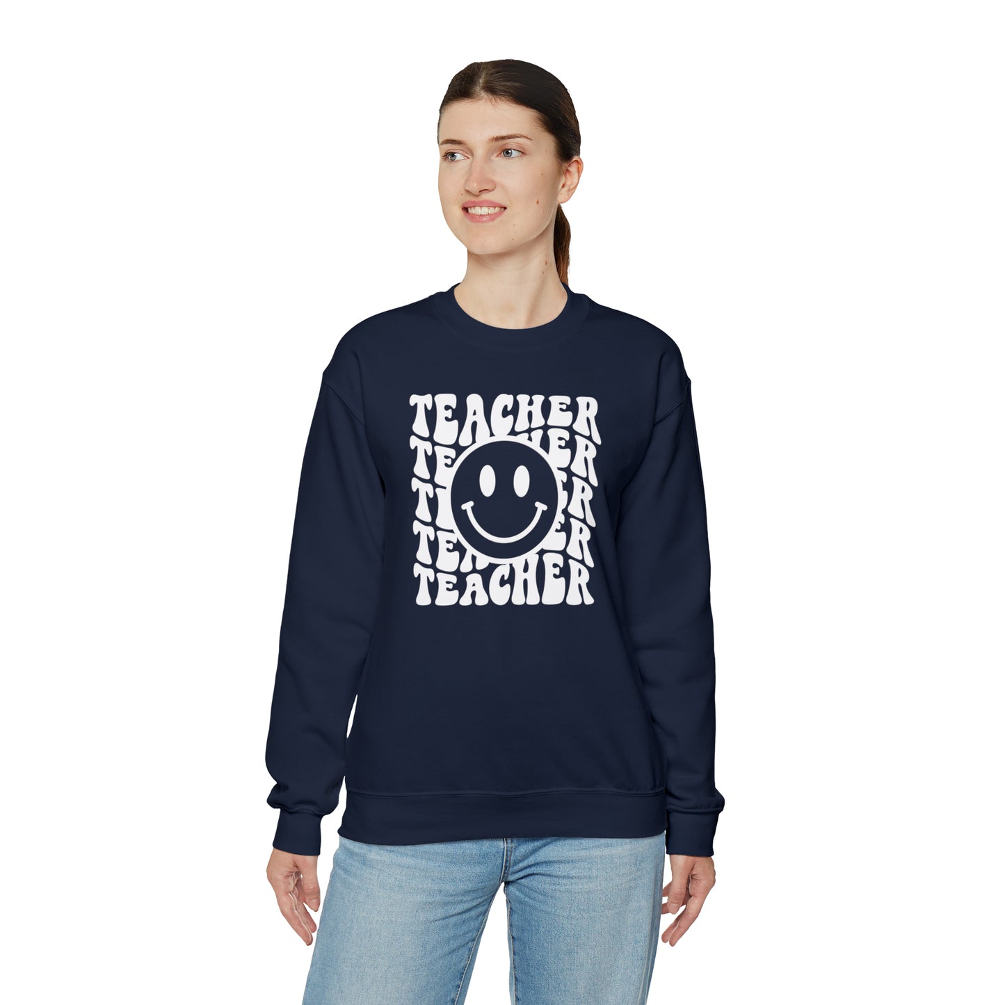 Teacher with Smiley Face White Logo Unisex Heavy Blend™ Crewneck Sweatshirt