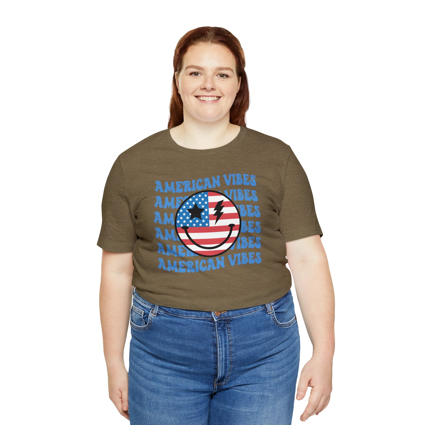 USA American Vibes American Flag Smiley Face Unisex Jersey Short Sleeve Tee