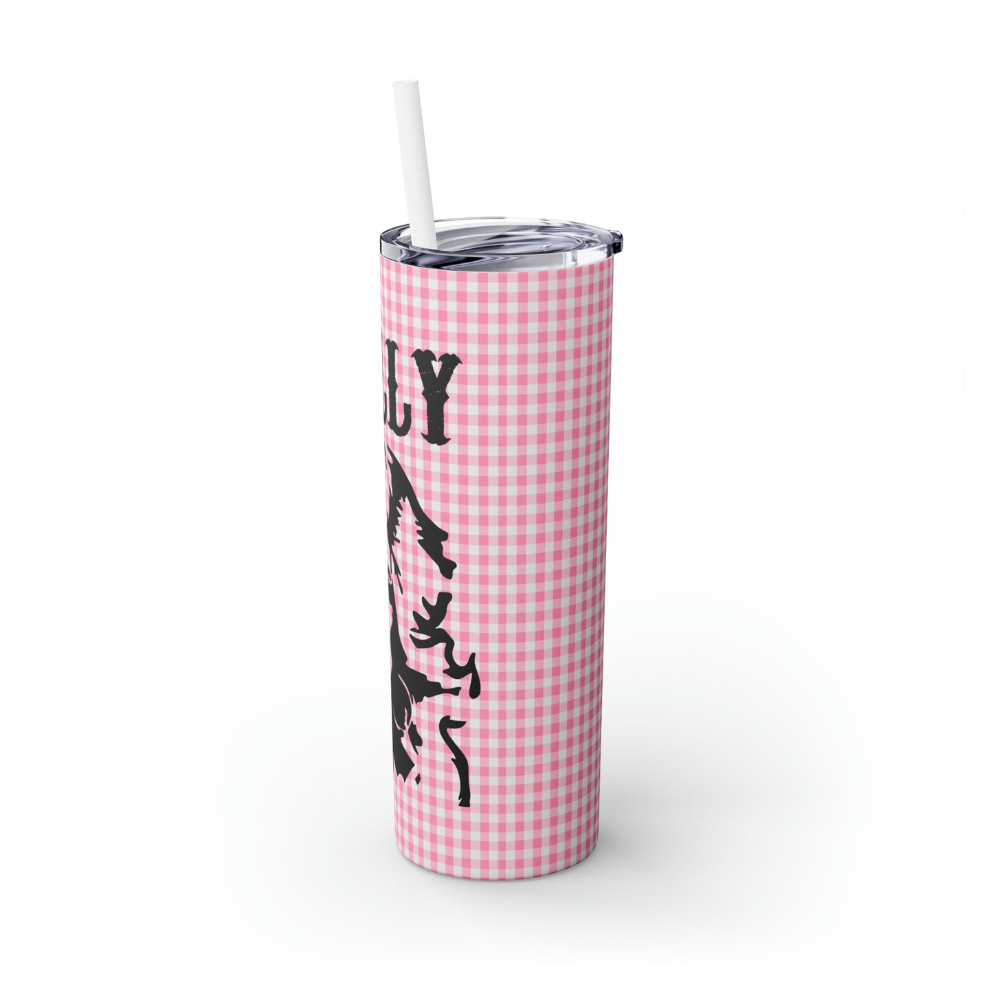 Dolly Portrait Pink Checkerboard Skinny Tumbler with Straw, 20oz