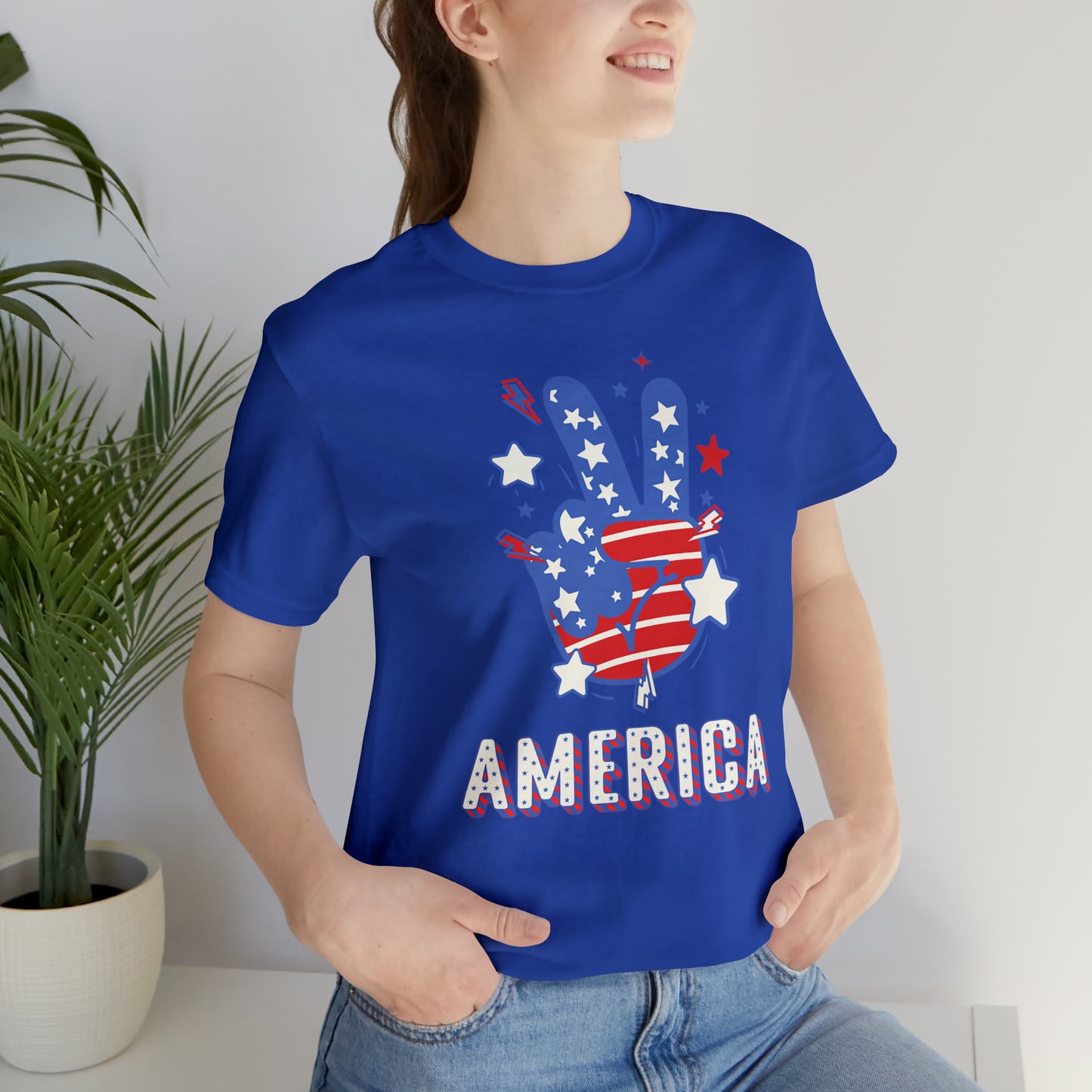 America USA Stars Peace Sign with Hands Unisex Jersey Short Sleeve Tee