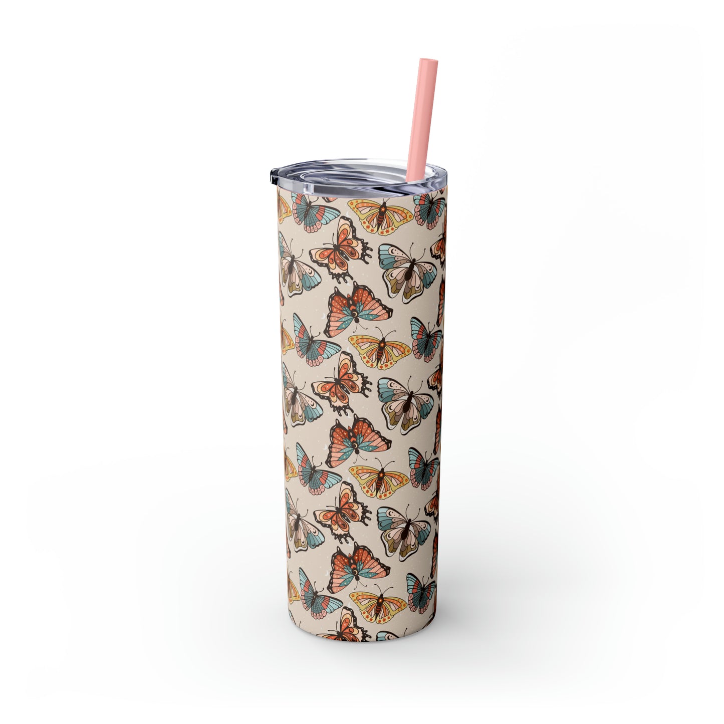 Boho Butterfly Brown Skinny Tumbler with Straw, 20oz