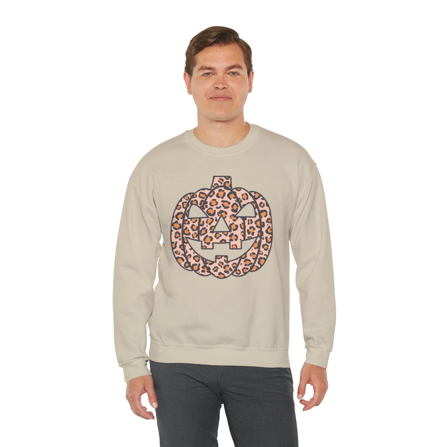 Boho Leopard Print Pumpkin Fall Halloween Retro Warm Colored  Unisex Heavy Blend™ Crewneck Sweatshirt