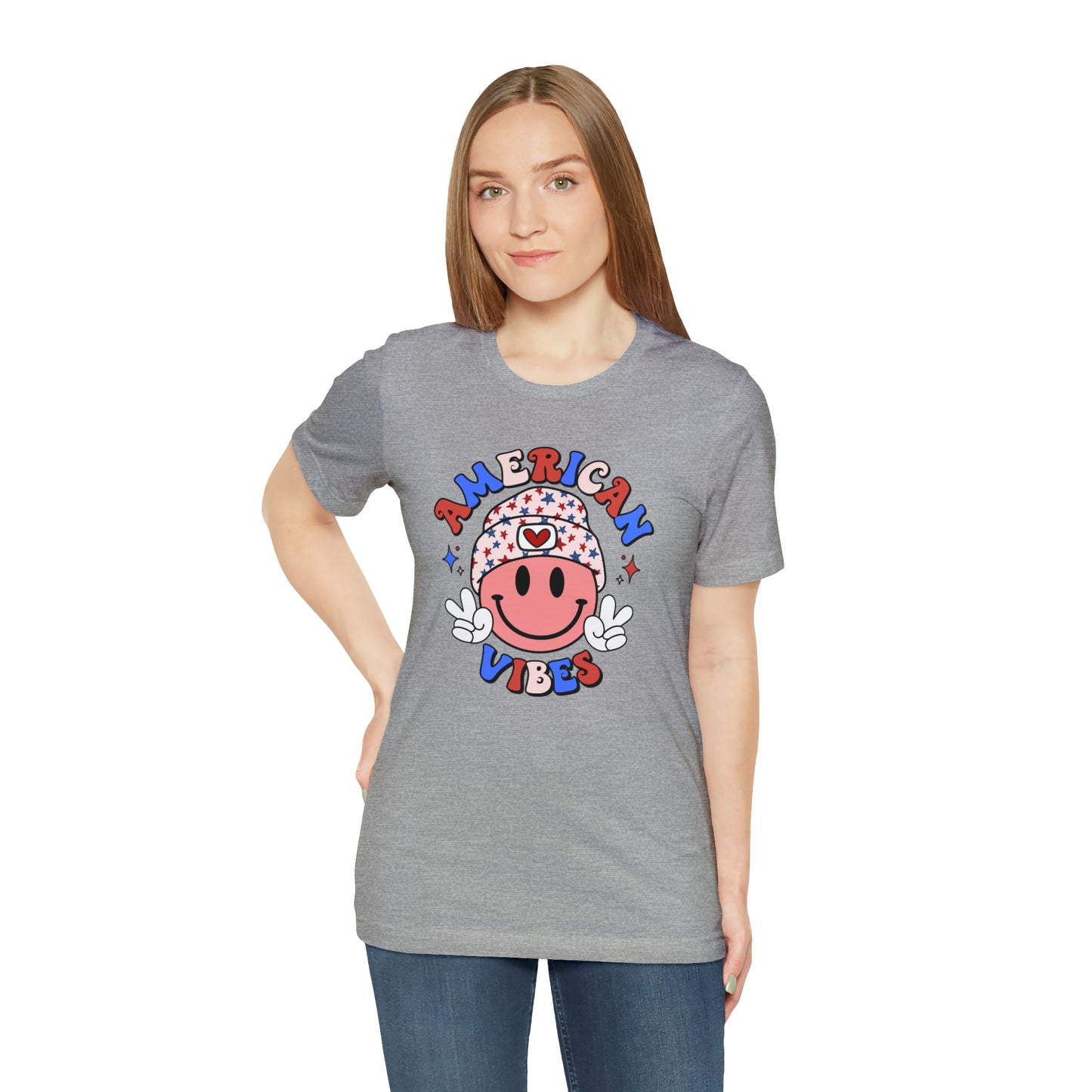 American Vibes USA Smiley Face with Stars Beanie with two hand peace signs Unisex Jersey Short Sleeve Tee