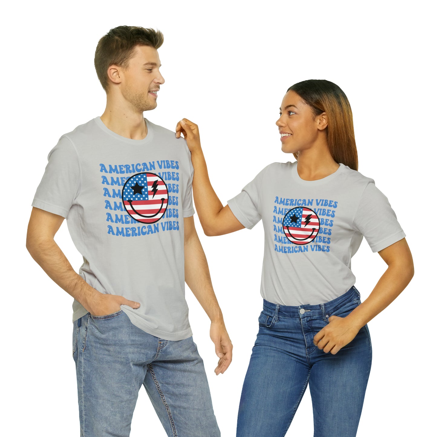 USA American Vibes American Flag Smiley Face Unisex Jersey Short Sleeve Tee