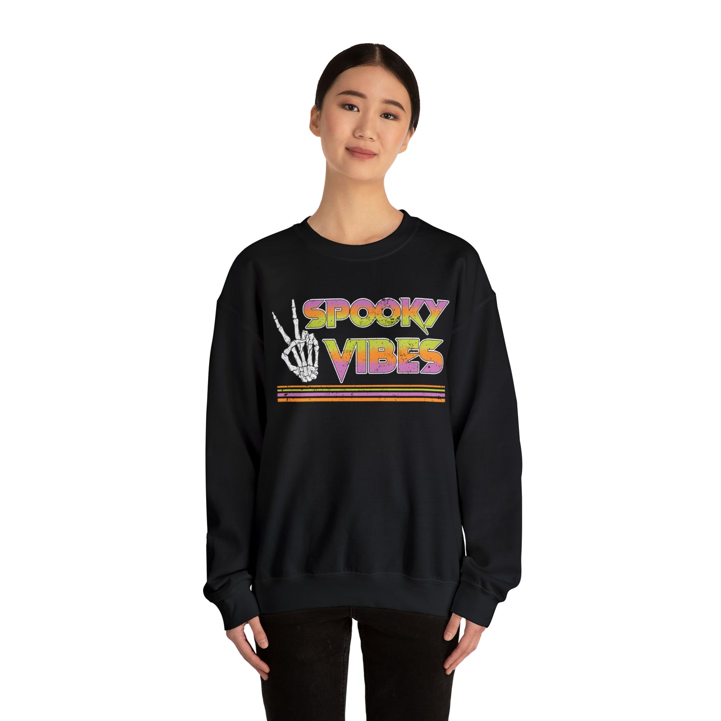 Spooky 80's Vibes Vintage Skeleton Piece Sign Fall Halloween  Unisex Heavy Blend™ Crewneck Sweatshirt