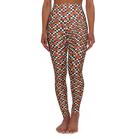 Pumpkin Jack-O-Lantern Checkerboard Halloween/Fall High Waisted White Yoga Leggings