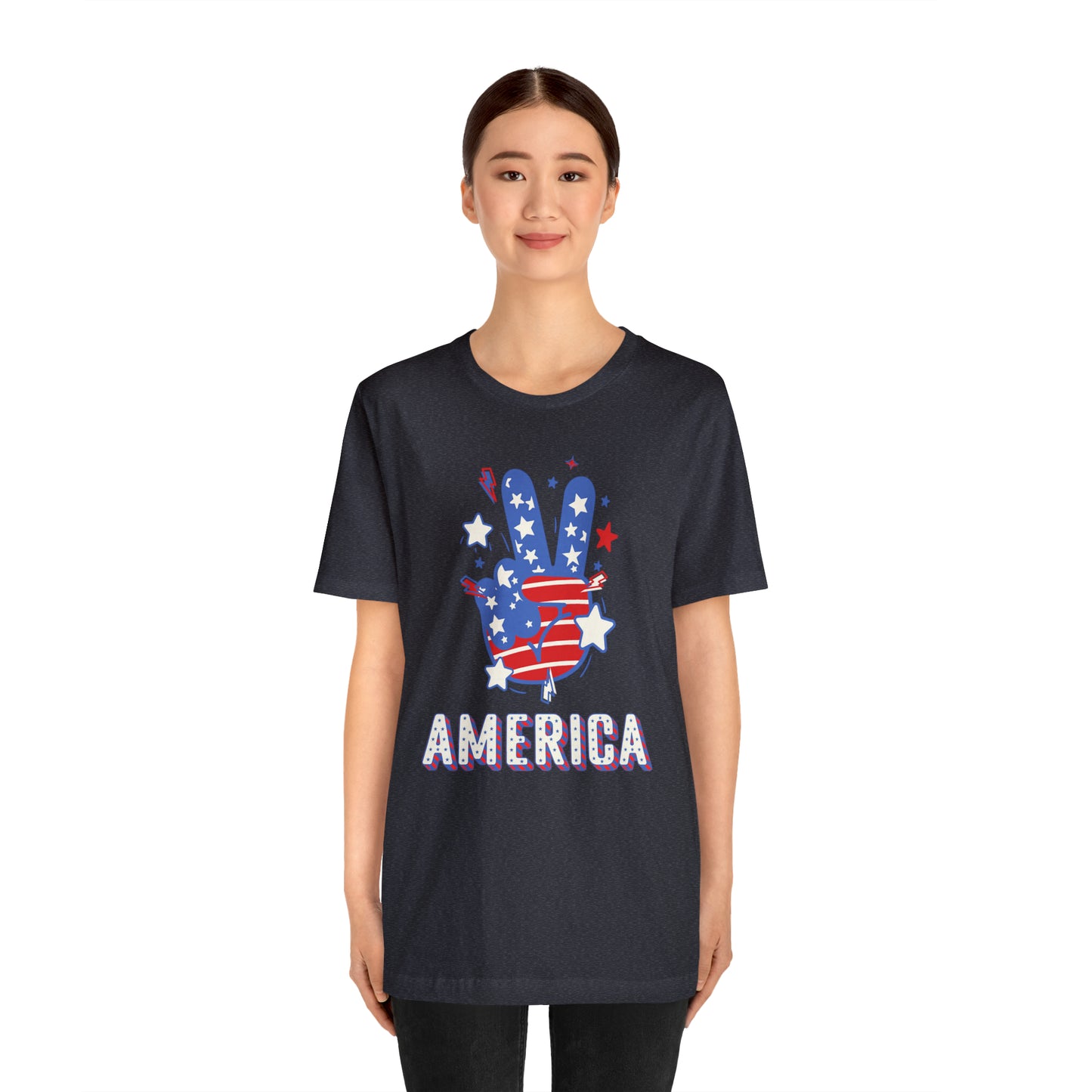 America USA Stars Peace Sign with Hands Unisex Jersey Short Sleeve Tee