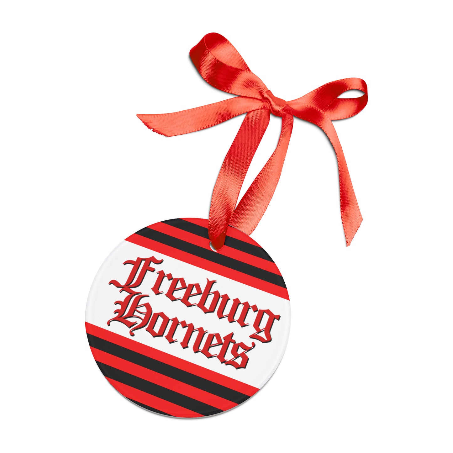 Freeburg Hornet Red and Black Striped Ornament with Ribbon - white