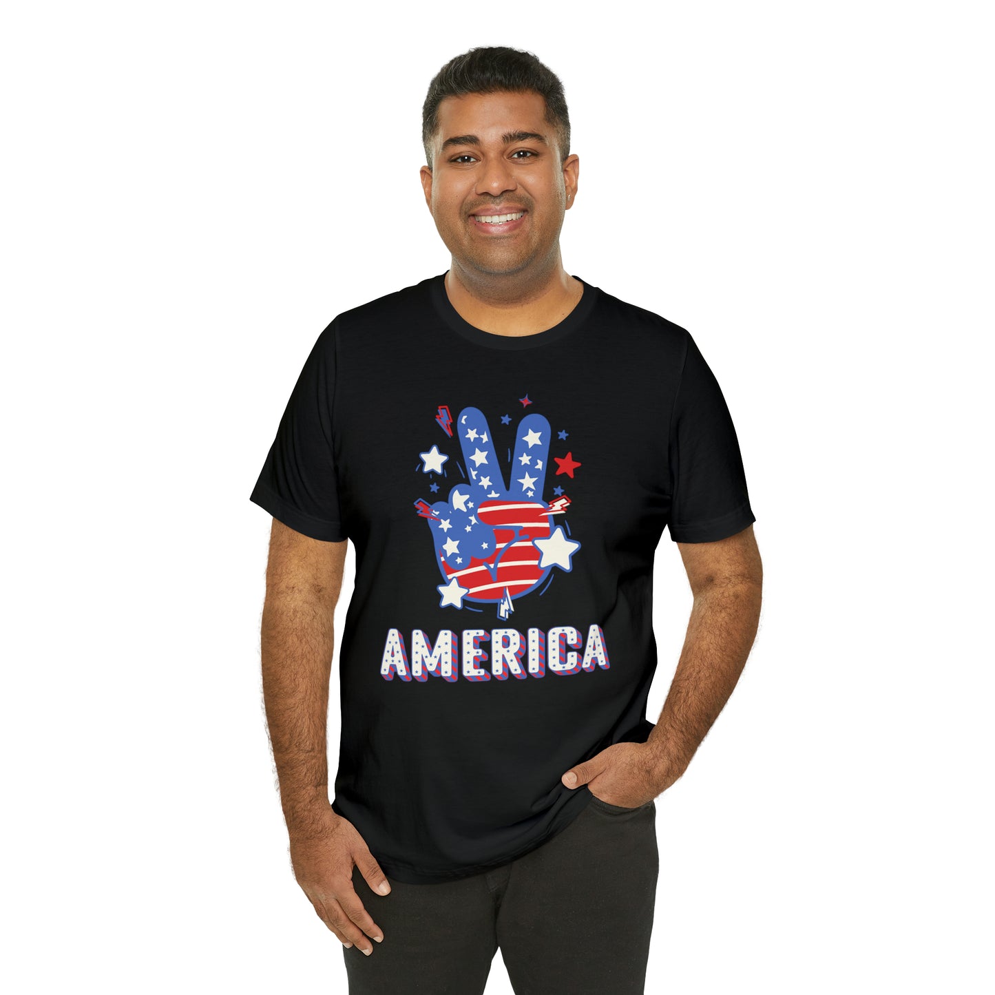 America USA Stars Peace Sign with Hands Unisex Jersey Short Sleeve Tee